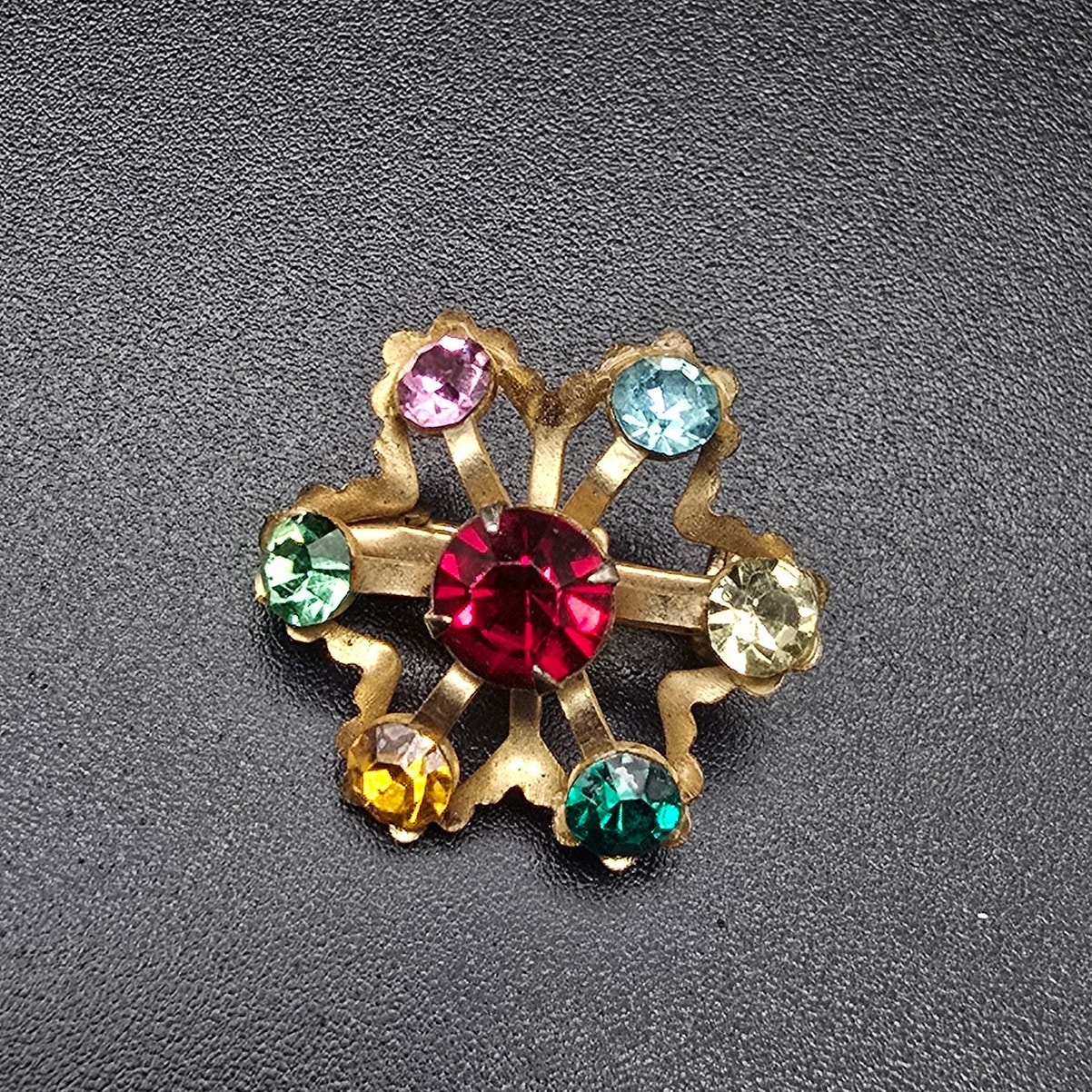 Colorful Rhinestone Flower Brooch Petite Small Gold Tone Vintage